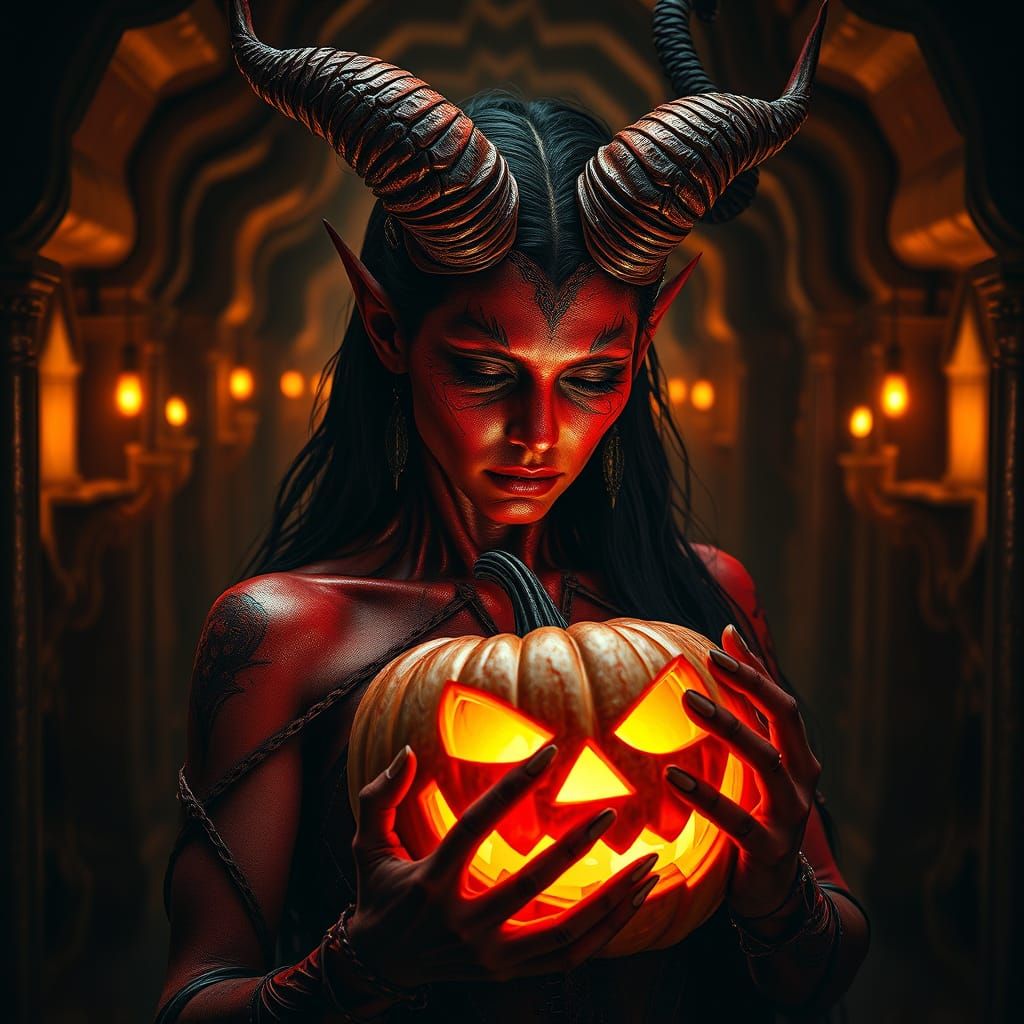 Devil Woman With Red Skin Holds Glowing Jack-o'-Lantern