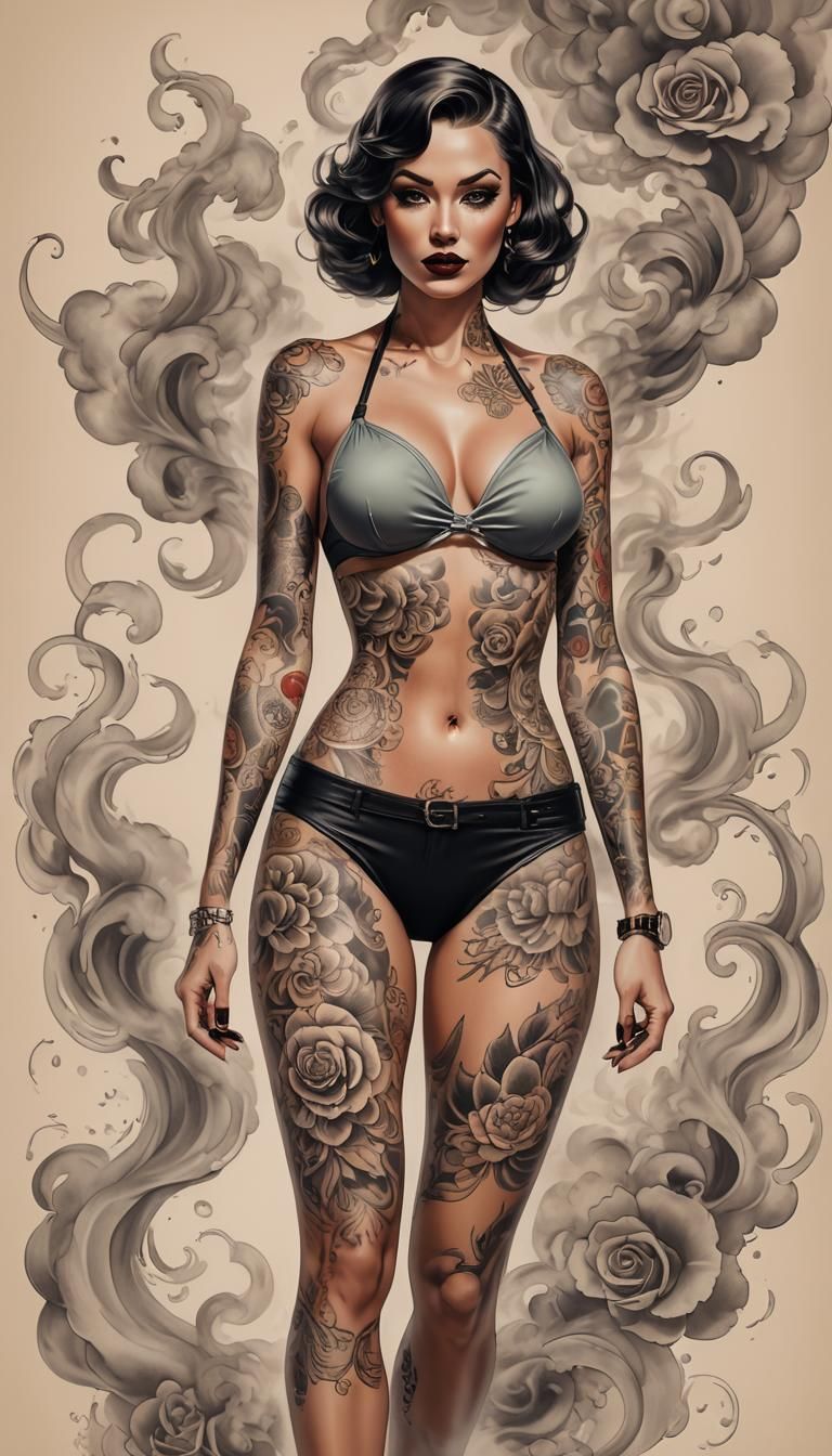 Tattooed Woman in Bikini: Modern Pin-Up Art