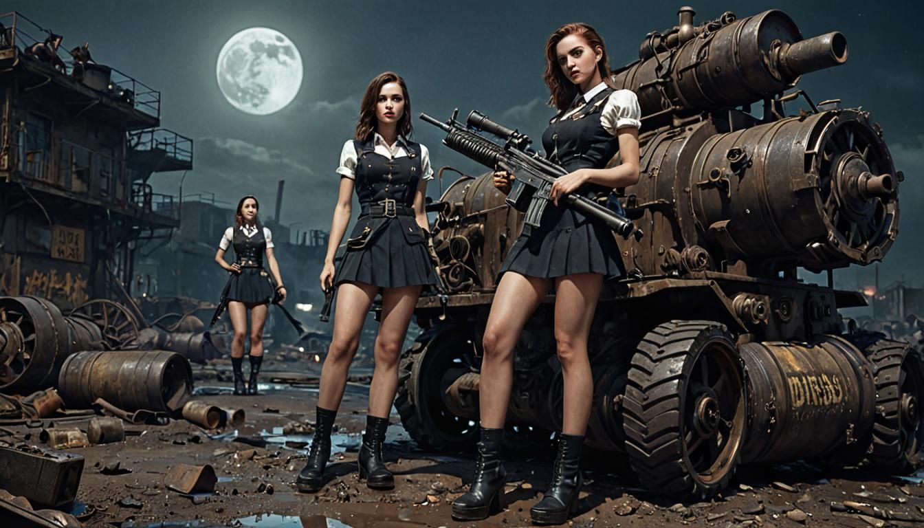 Dieselpunk Girls in Ruined Wasteland with Heavy Machine Gun