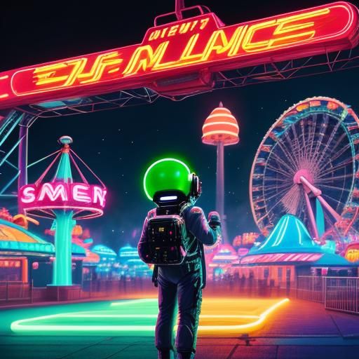 Retro Futuristic Astronaut in Neon Amusement Park