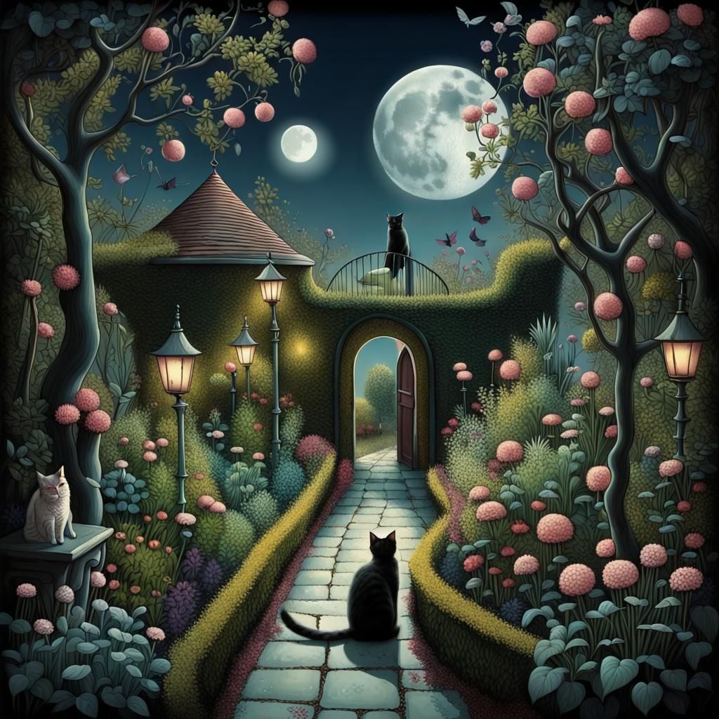 Moonlit Garden with Wandering Souls in Graphic Style
