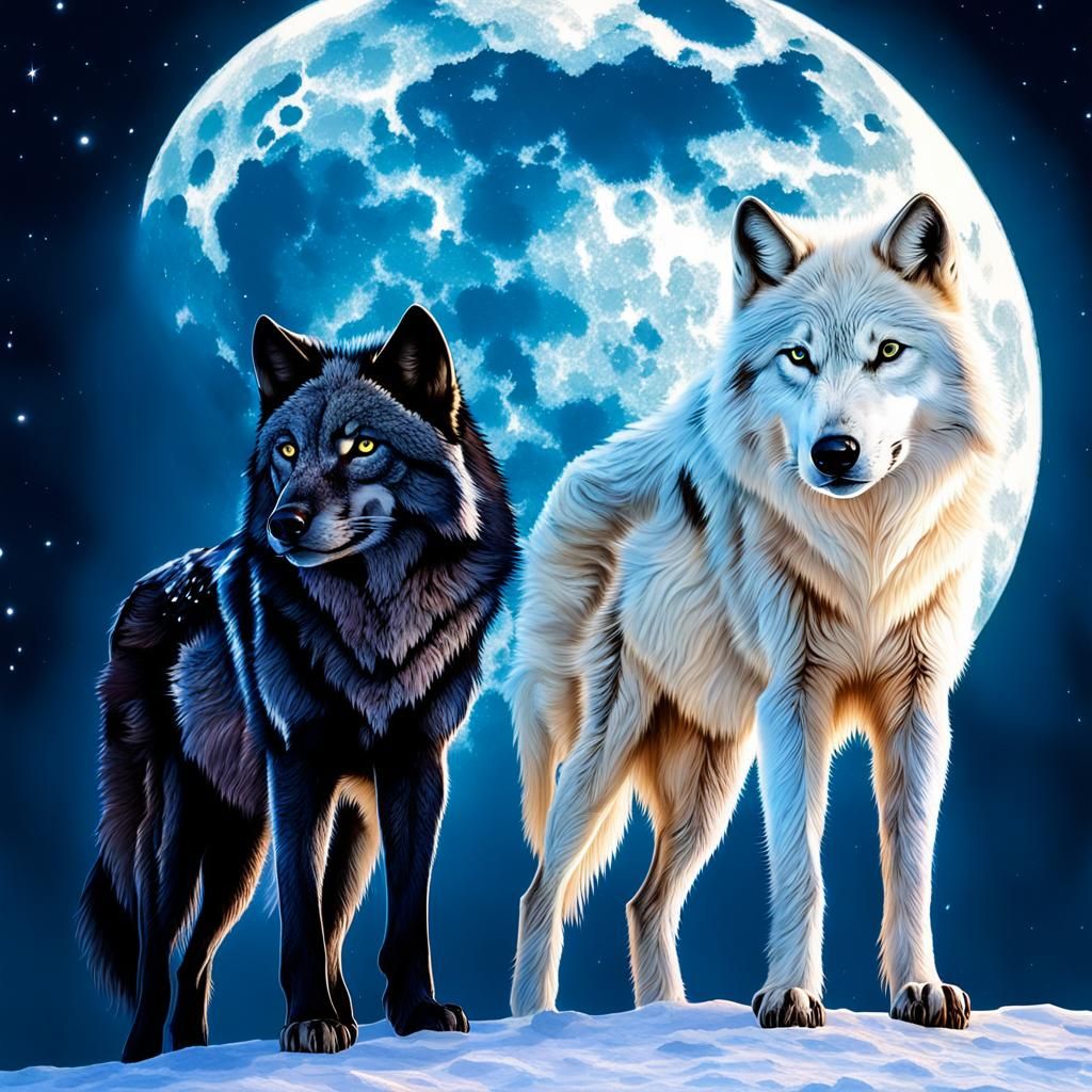 Full moon with ethereal glow behind a humongous white Wolf and a humongous midnight-black wolf as snow is layered at the...