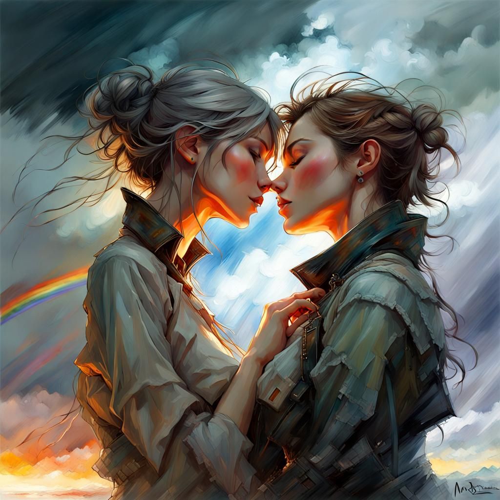 Passionate Lesbian Kiss in Stormy Fantasy Landscape