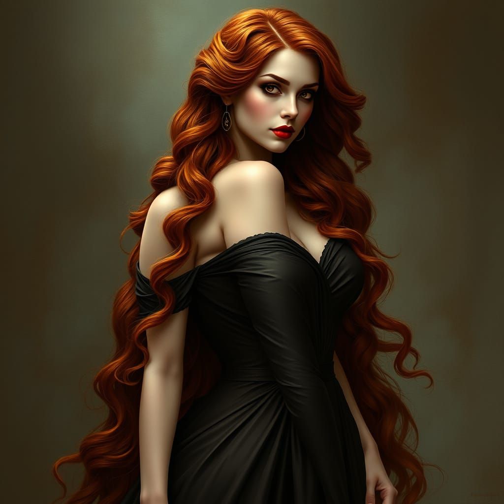 Elegant Lady in a Flowing Gown, Inspired by Pre-Raphaelite R...