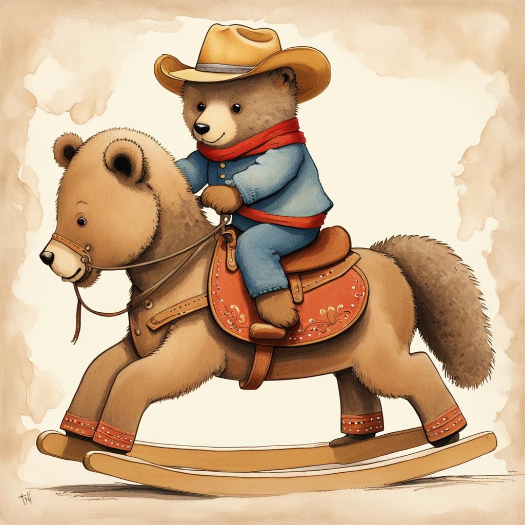 A little bear being a cowboy rocking on a bear-horse thingy