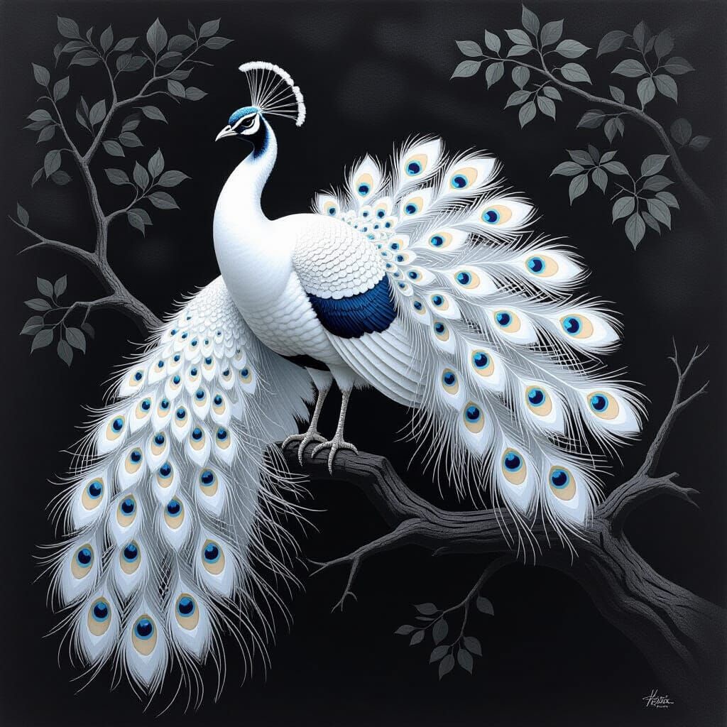 Majestic White Peacock in Charcoal Drawing Style