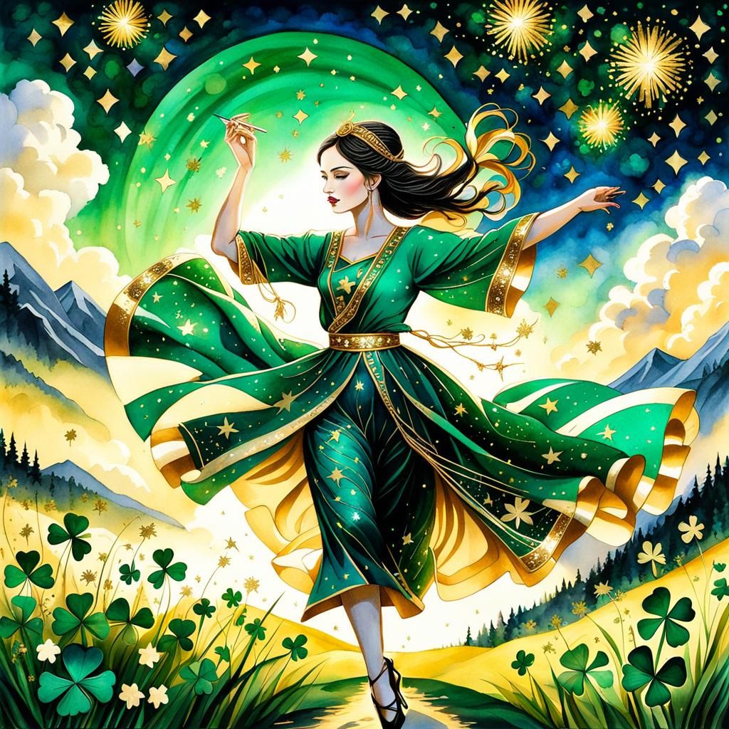 Emerald Girl Dancing in Twilight, Watercolor Style