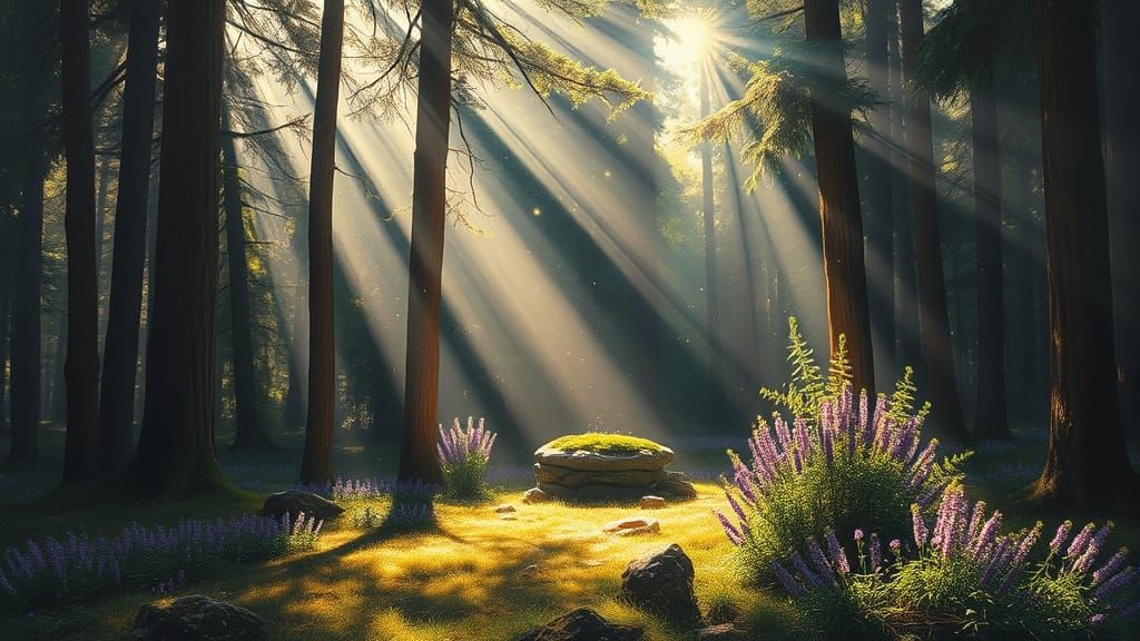 Sunlit Forest Clearing With Ancient Stone Altar
