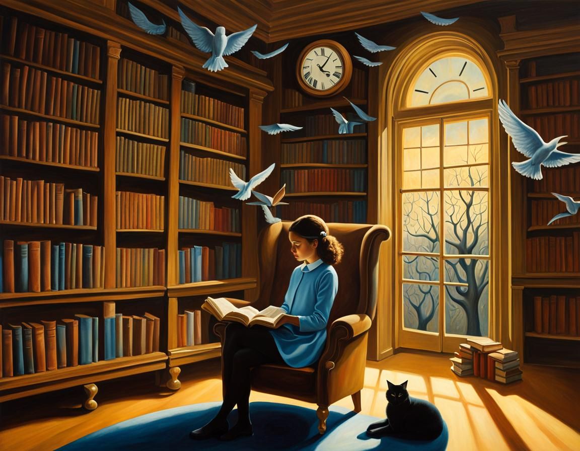 Surreal Library Scene with Floating Books, Oil Painting