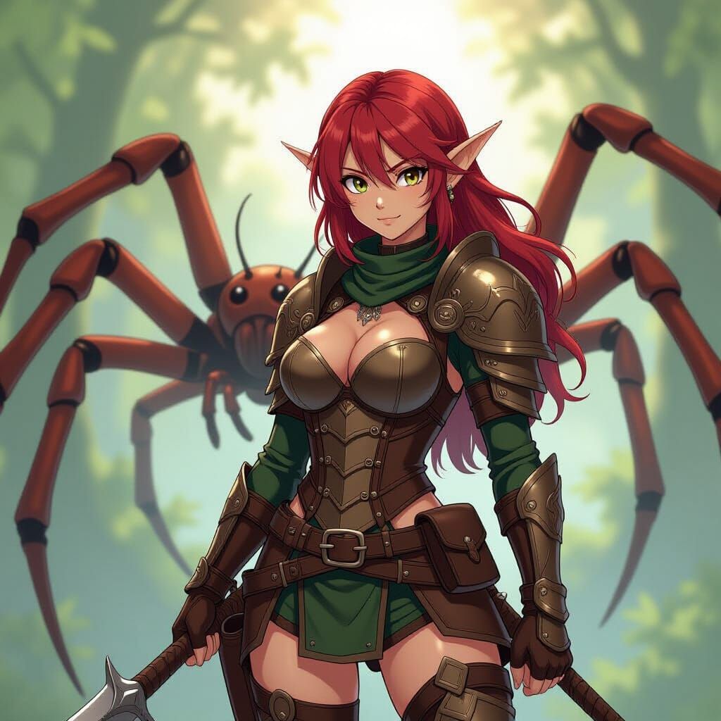 Elf Ranger with Giant Spider Companion in Manga Style