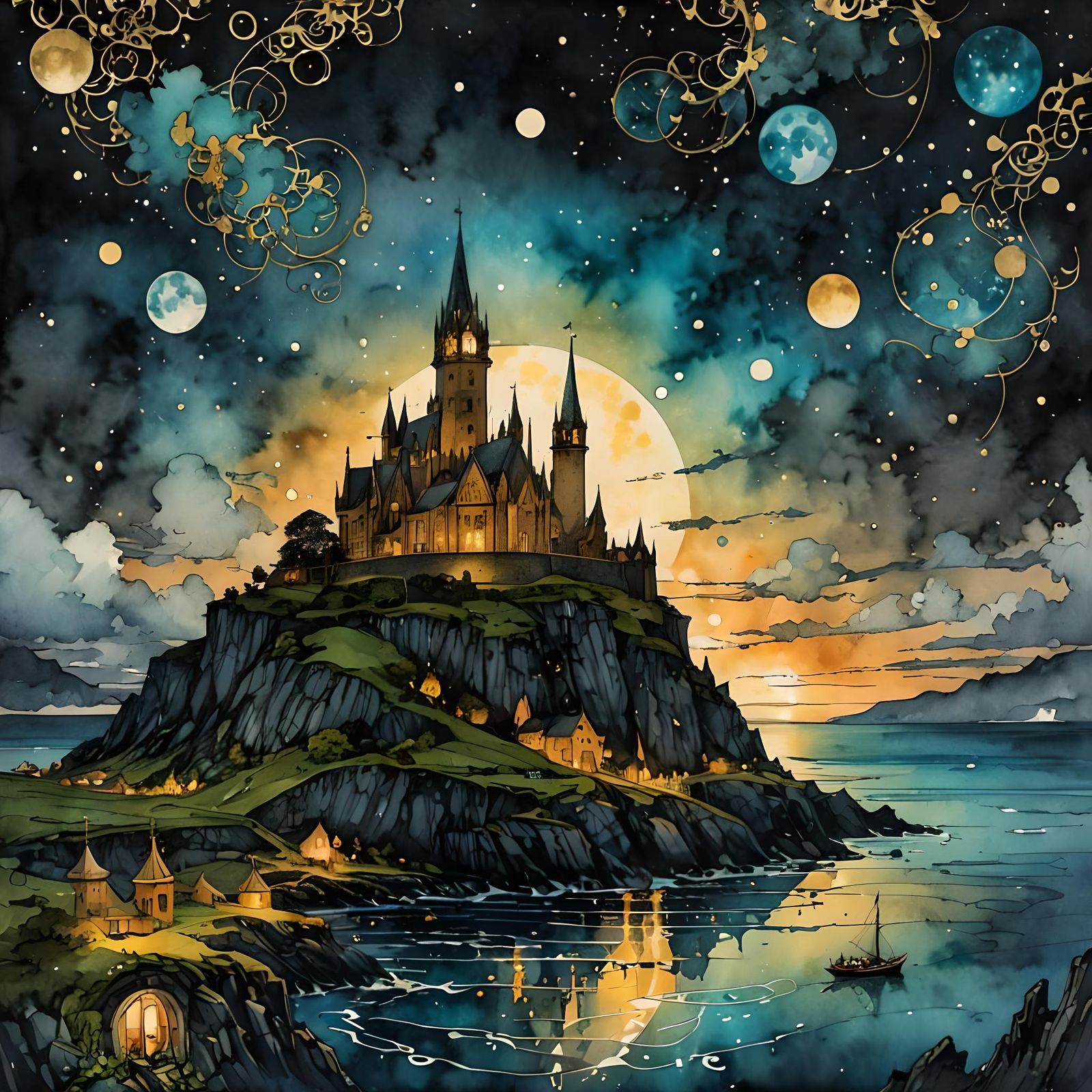 Orkney Midsummer Night Skies in Watercolor and Ink