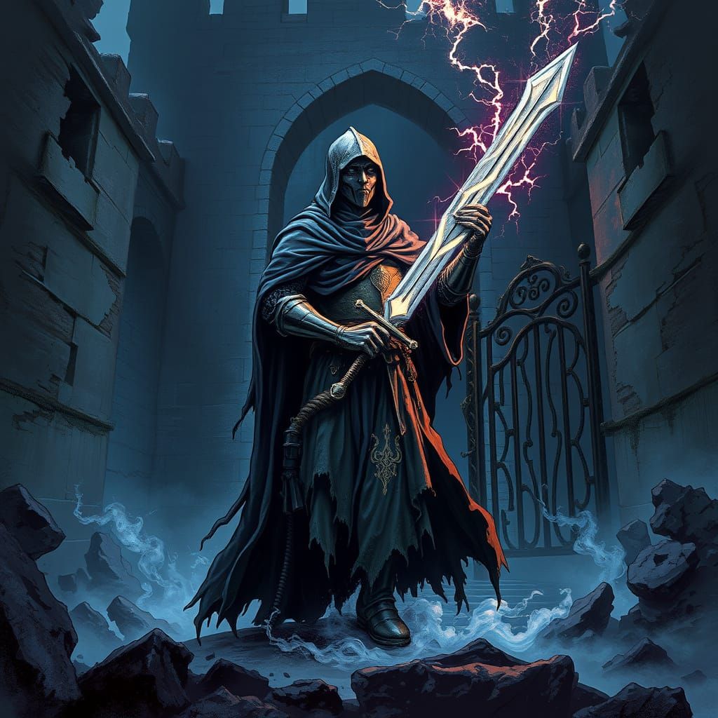 Ethereal Knight Guarding a Ruined Castle