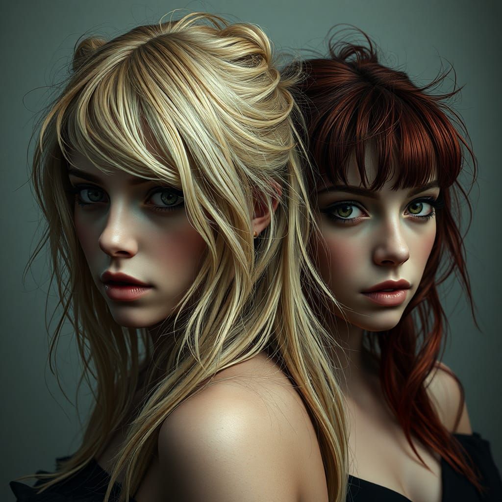 Gothic Portrait of Defiant Twin Women in Hyperrealism