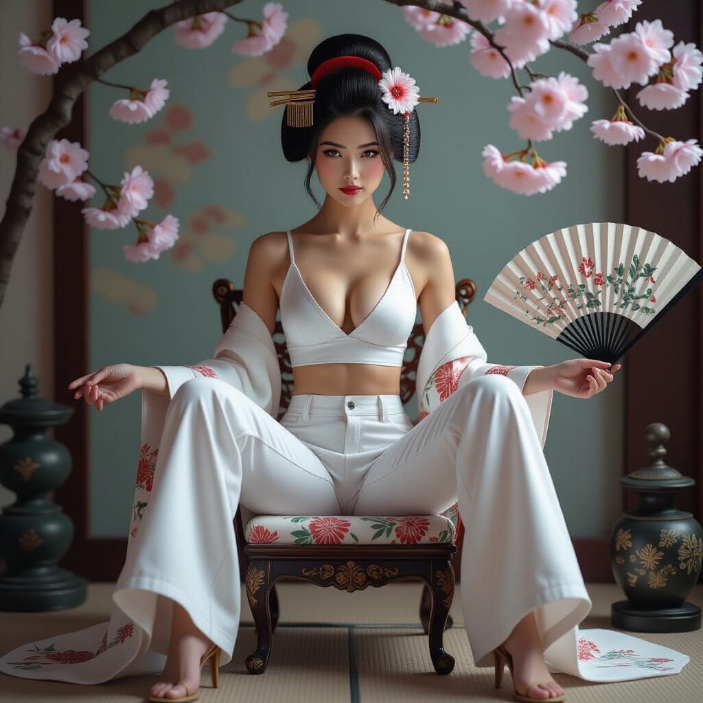 Geisha in Jeans with Japanese Art