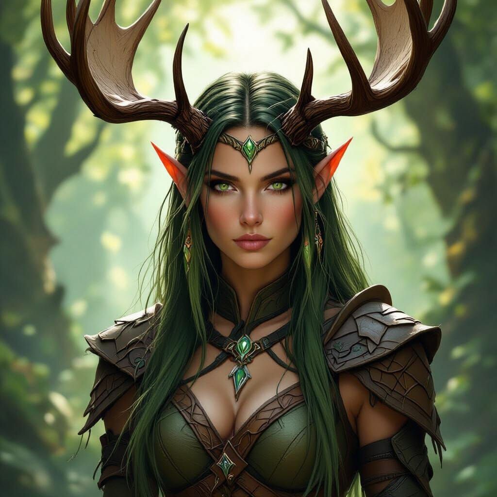 Wood Elf Druid With Moose Antlers In Fantasy Art Style