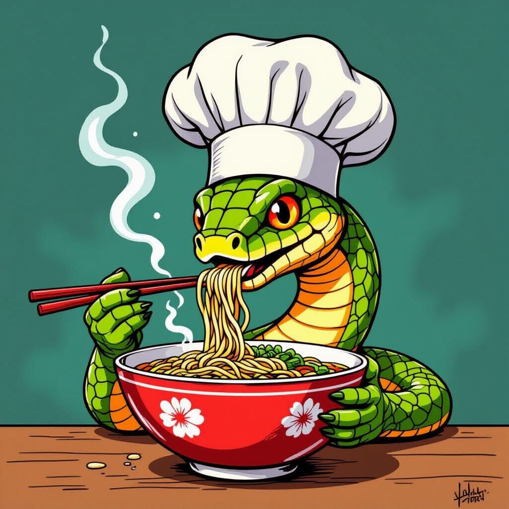 Snake Chef Slurping Ramen: A Stylized Illustration