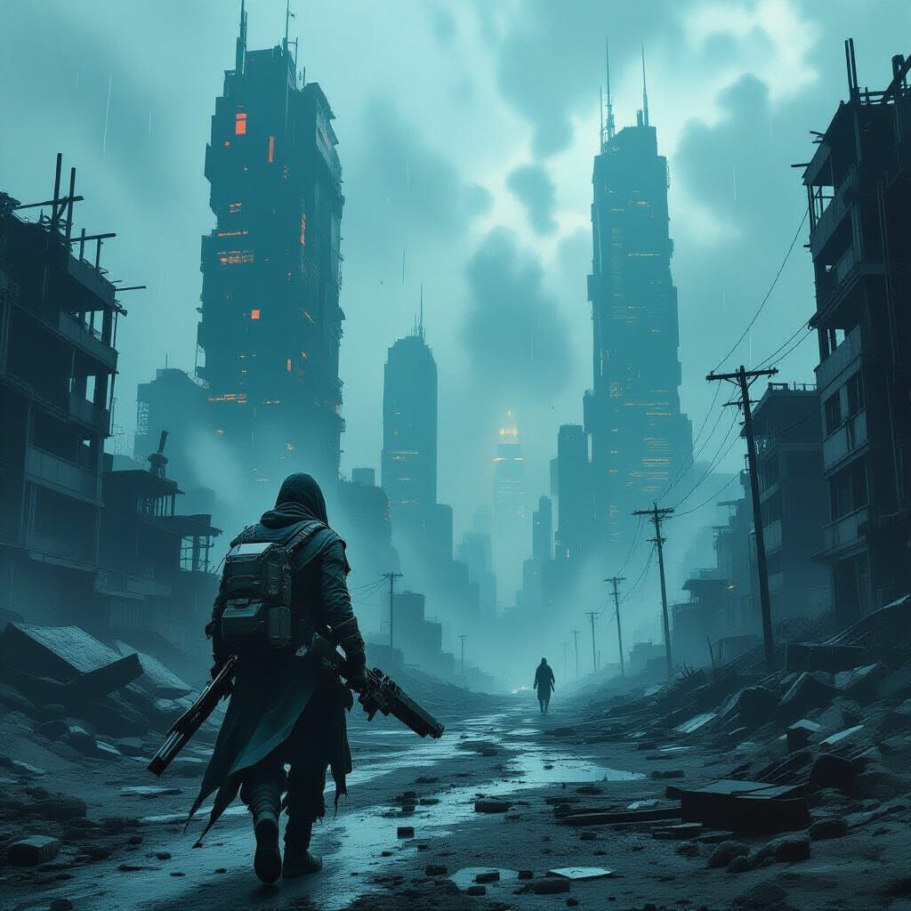 Wanderer in Cyberpunk Wasteland Amidst Acid Rain