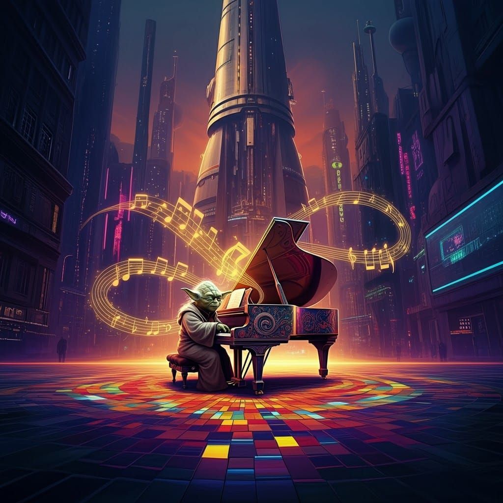 Yoda Plays Piano in Futuristic Cityscape