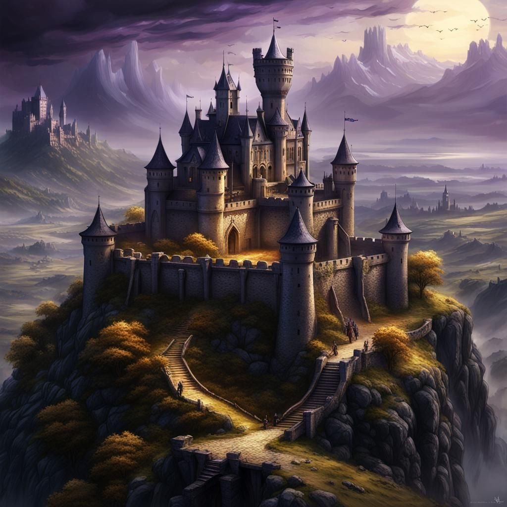 Medieval Castle on Hill in Dark Fantasy Style