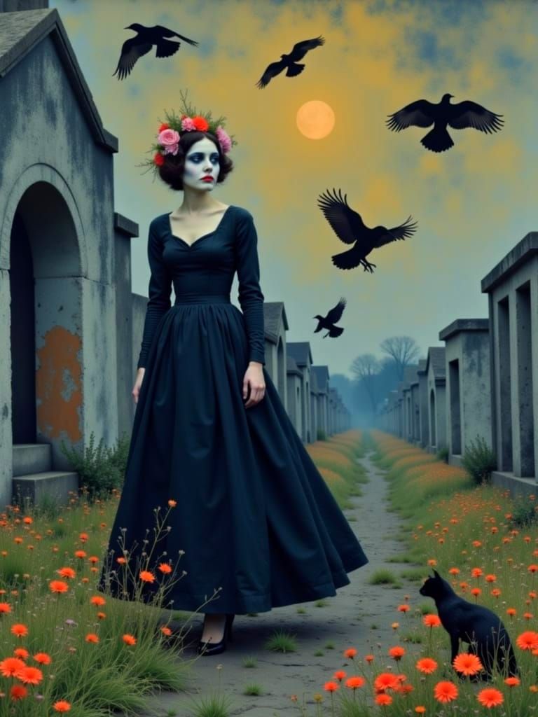 Dia de Los Muertos Woman in Ethereal Cemetery