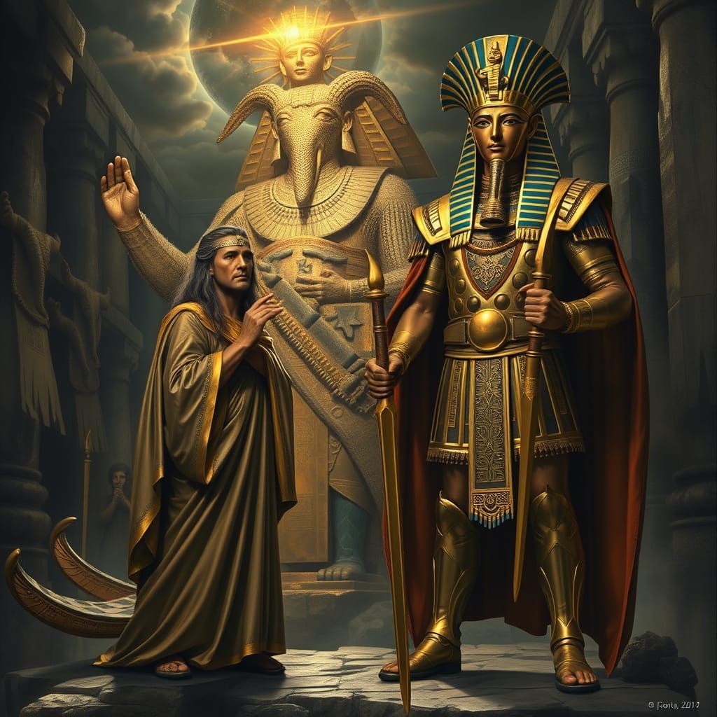 Moses and Tutankhamun Face Off in Dark Art Style