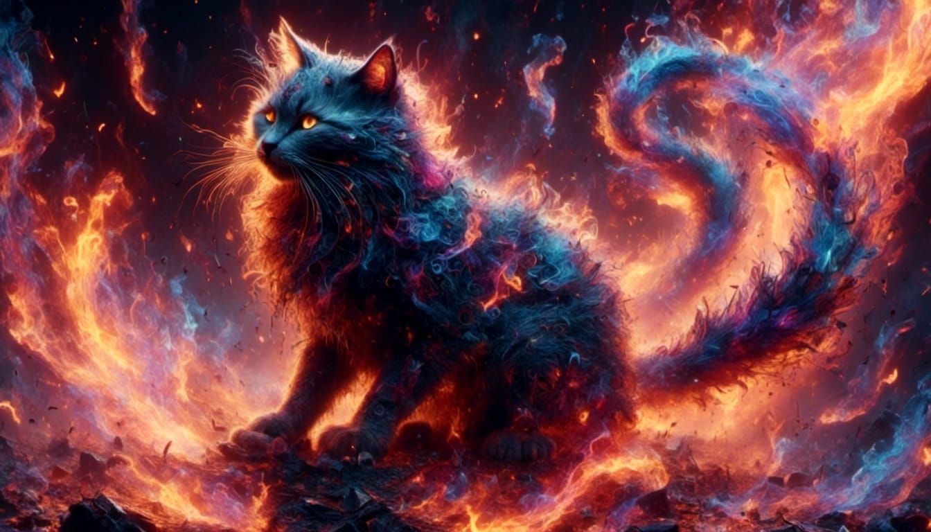 Cat in a Swirling Storm of Colorful Smoke