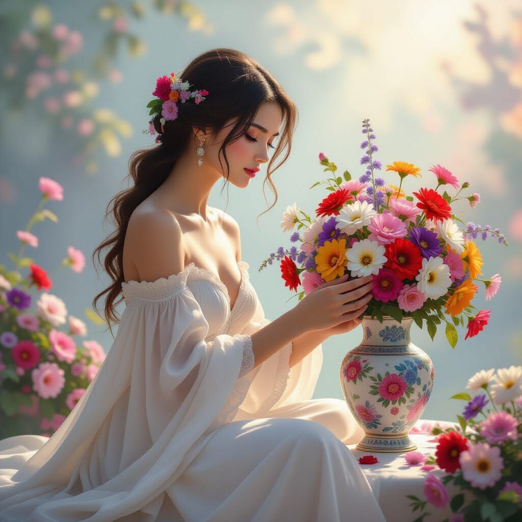 A serene young woman in a white dress arranges bright flower...