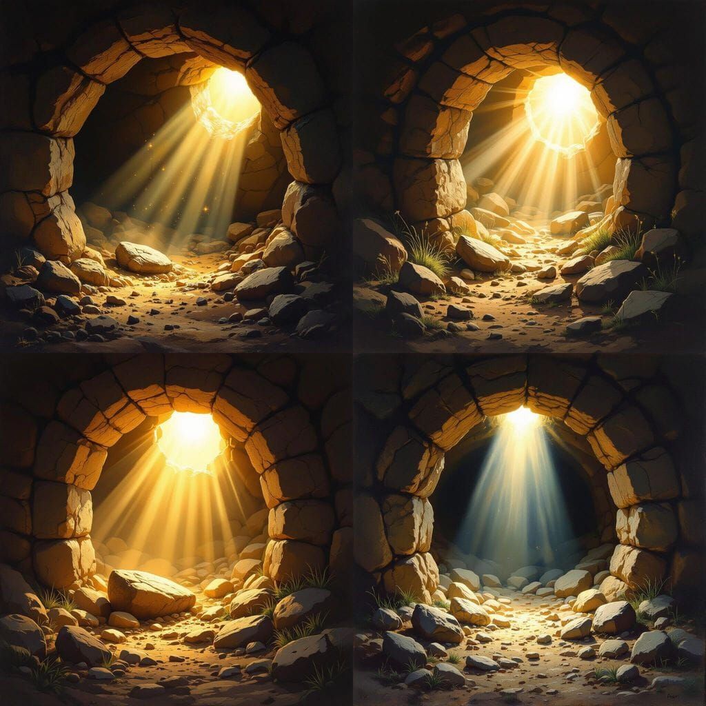 Empty Tomb of Jesus with Sunlight and Rolled Stone