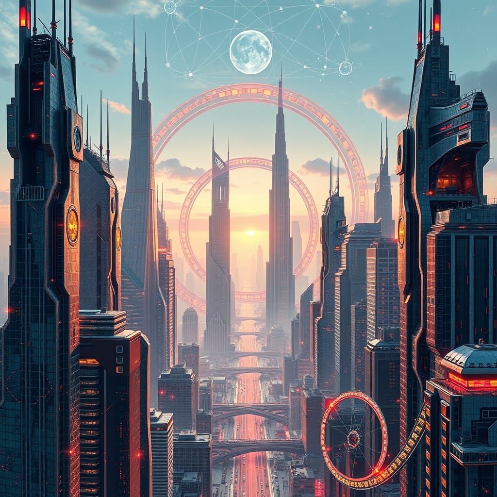 Futuristic Cityscape with Mirrored Rings in Datapunk Style