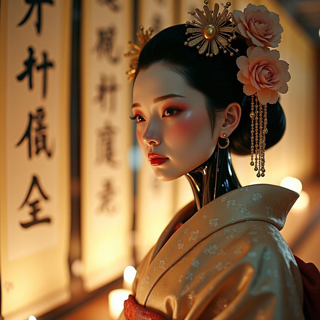 Ethereal Robotic Geisha in Opulent Japanese Room