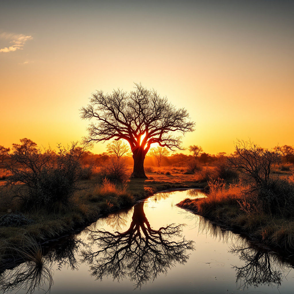 Okavango Sunset Reflection: Acacia Tree in Golden Light