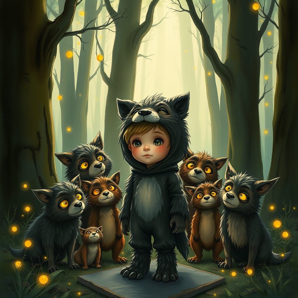Young Boy Surrounded by Wild Creatures in a Fantastical Fore...
