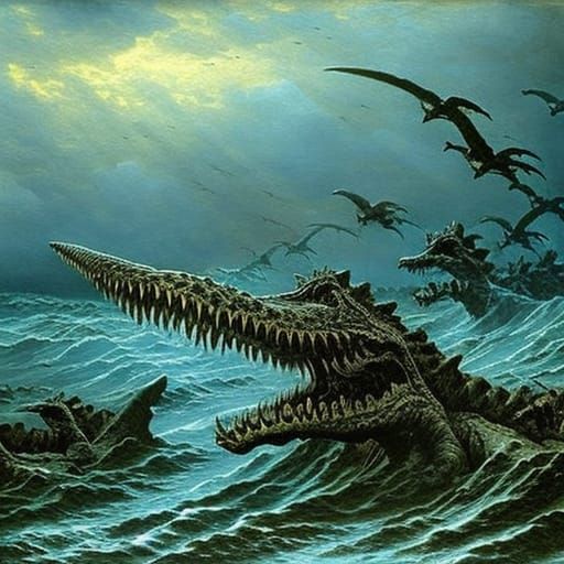 Dinosaurs in Epic Sea Battle: Horror Illustration