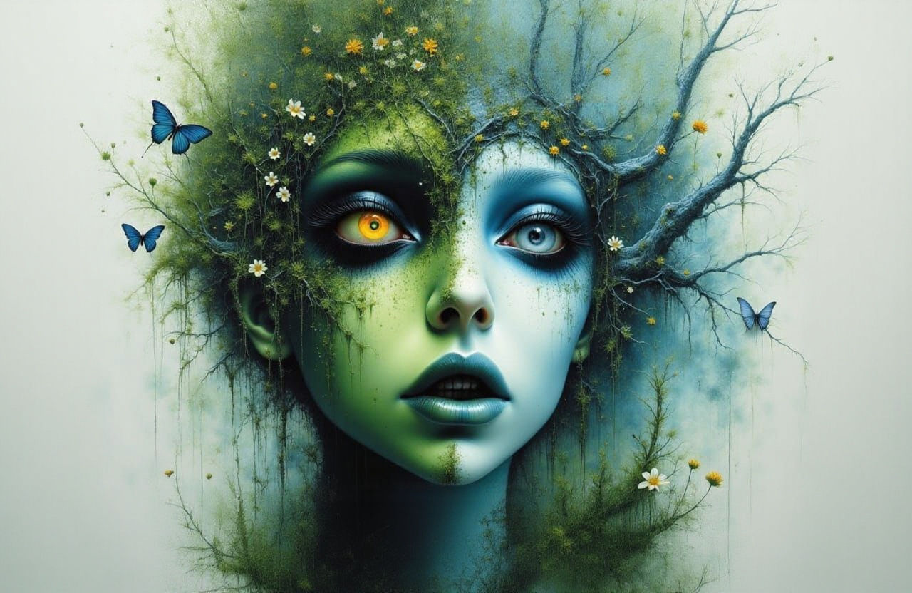 Manhwa Goddess: Double Exposure Surreal Portrait