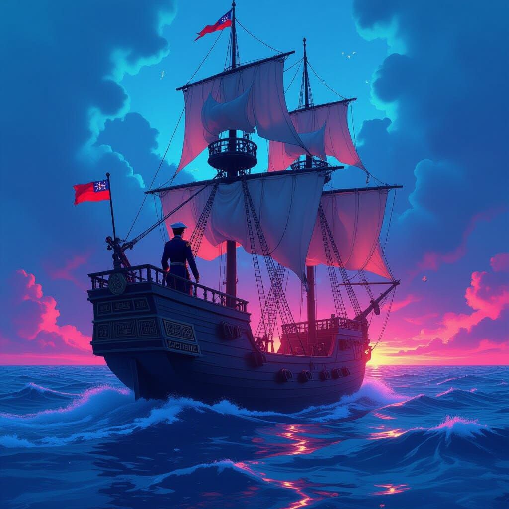 Galleon on Neon Sea with Anime Captain