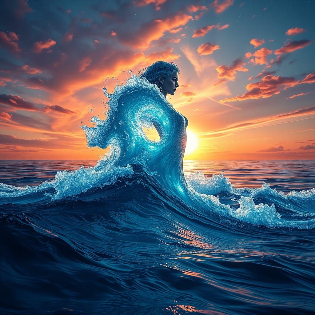 Water Goddess at Sunset: Holographic Illustration