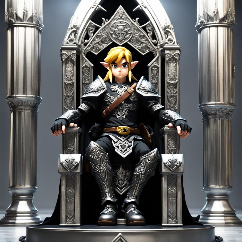 Link in Black Armor on Silver Throne: 3D Render