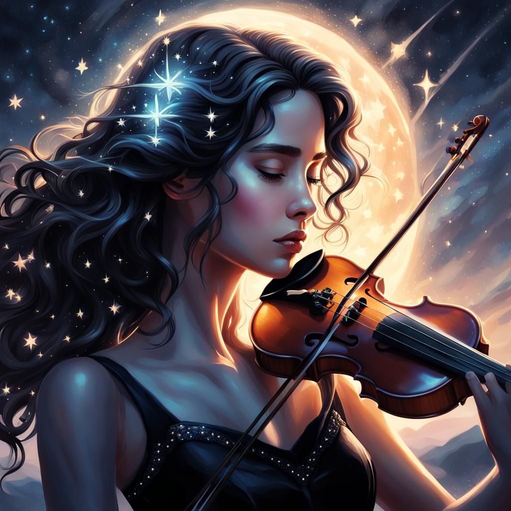 Fantasy Violinist in Moonlight, Detailed Concept Art