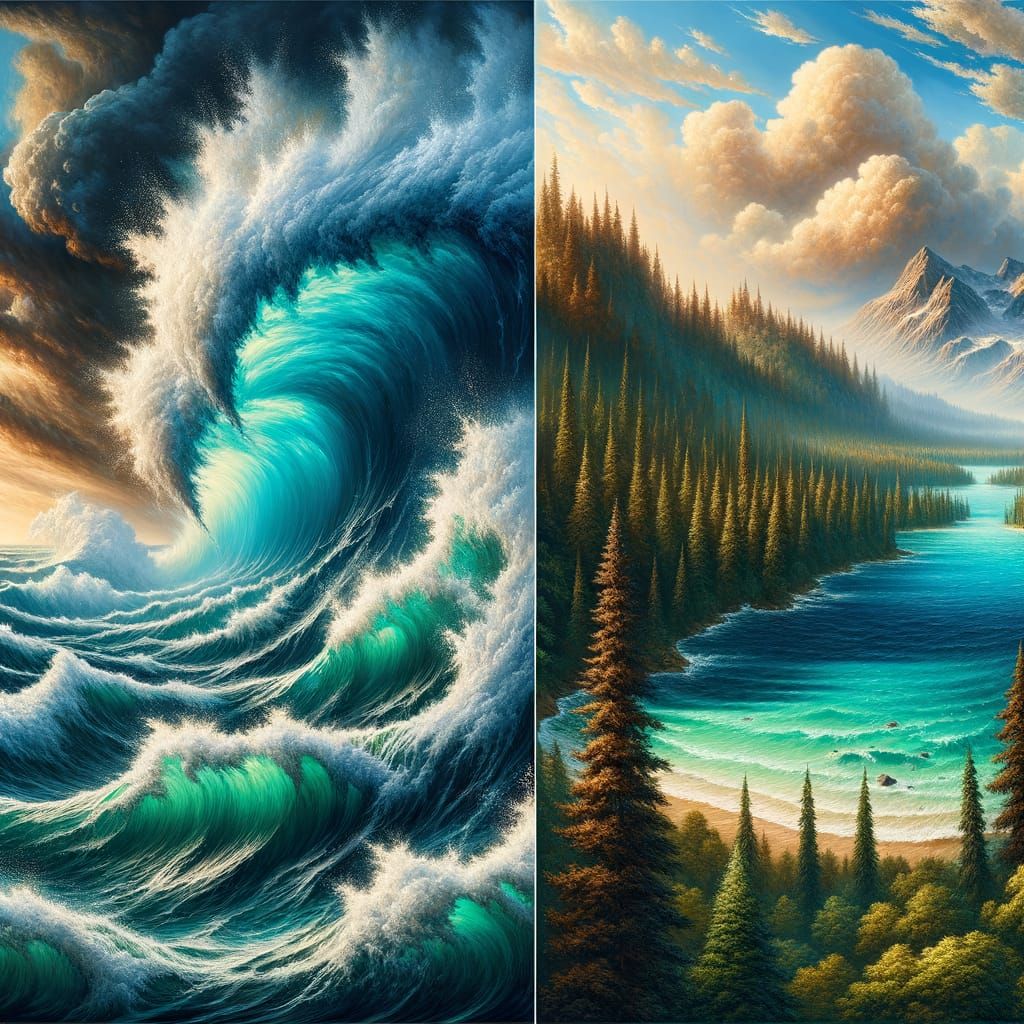 Ocean Storms Meet Turquoise Lake: A Realism Oil Painting