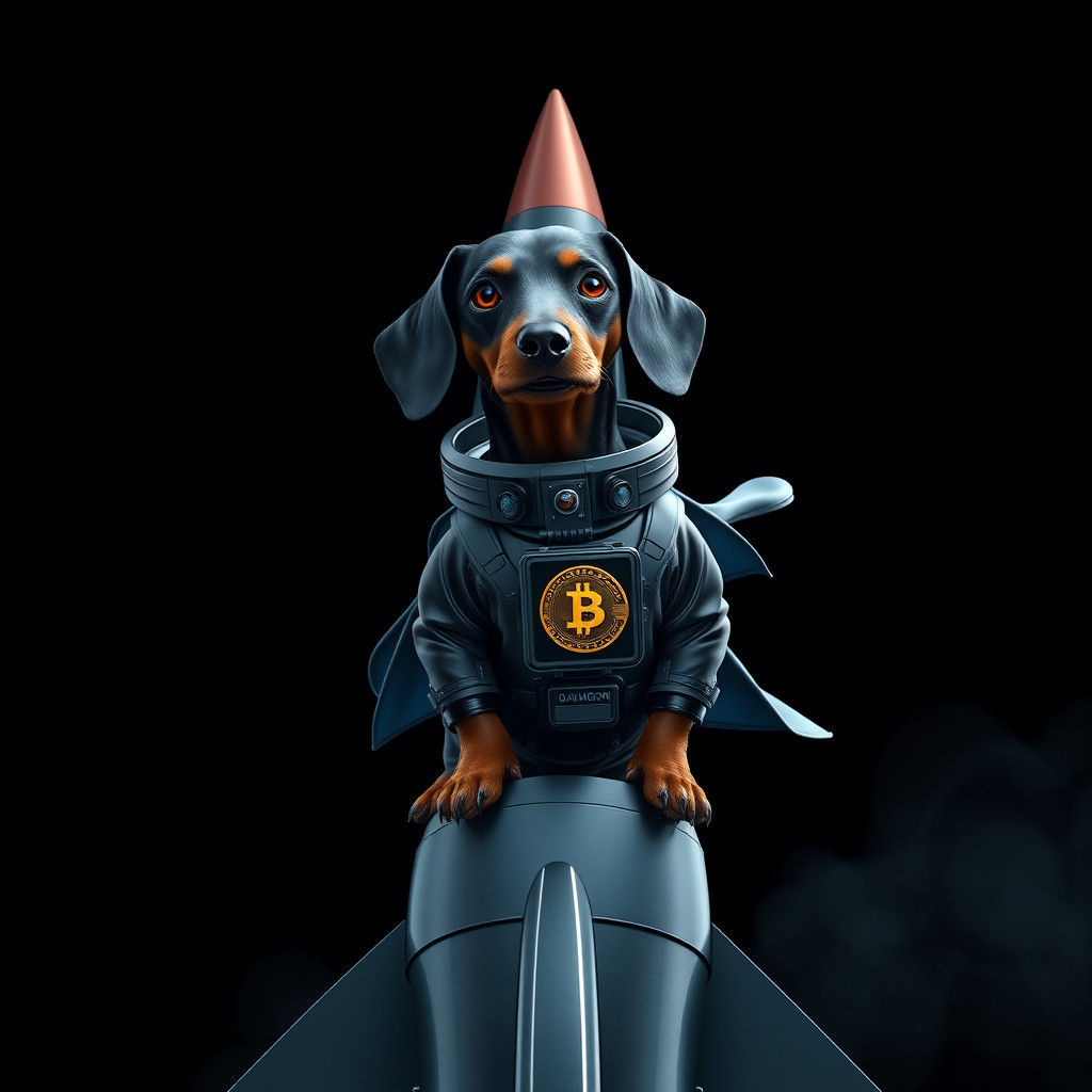 Dachshund in Spacesuit on Bitcoin Rocket, Digital Art