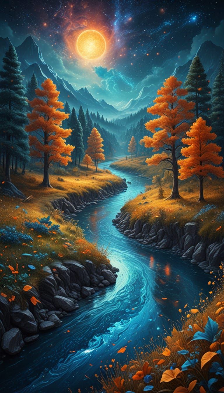 Majestic Cosmic Countryside Dreamscape in Vibrant Holographi...