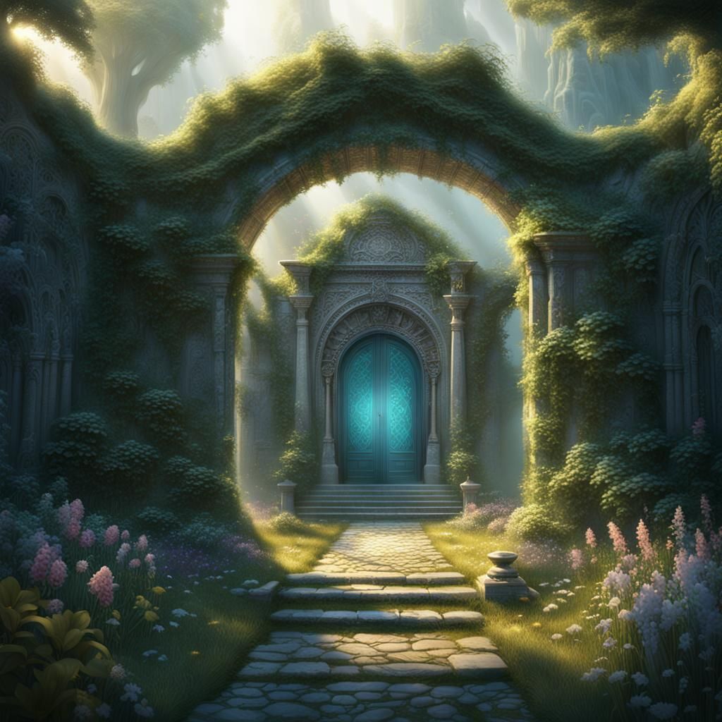 Mystical Garden with Glowing Portal in Fantasy Style