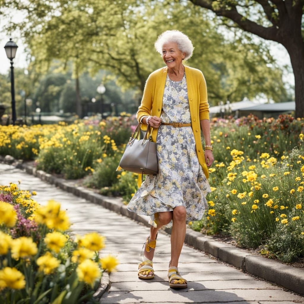 Serenely Dressed Older Woman Strolls Through a Lush Park in ...