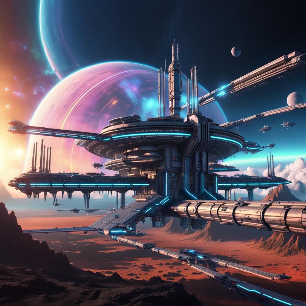 Surreal Space Station Descends onto Alien World