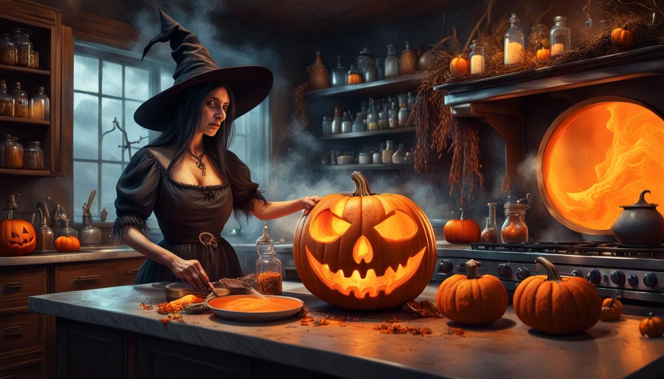 Witch's Pumpkin Potion: Hyperrealistic Kitchen Scene