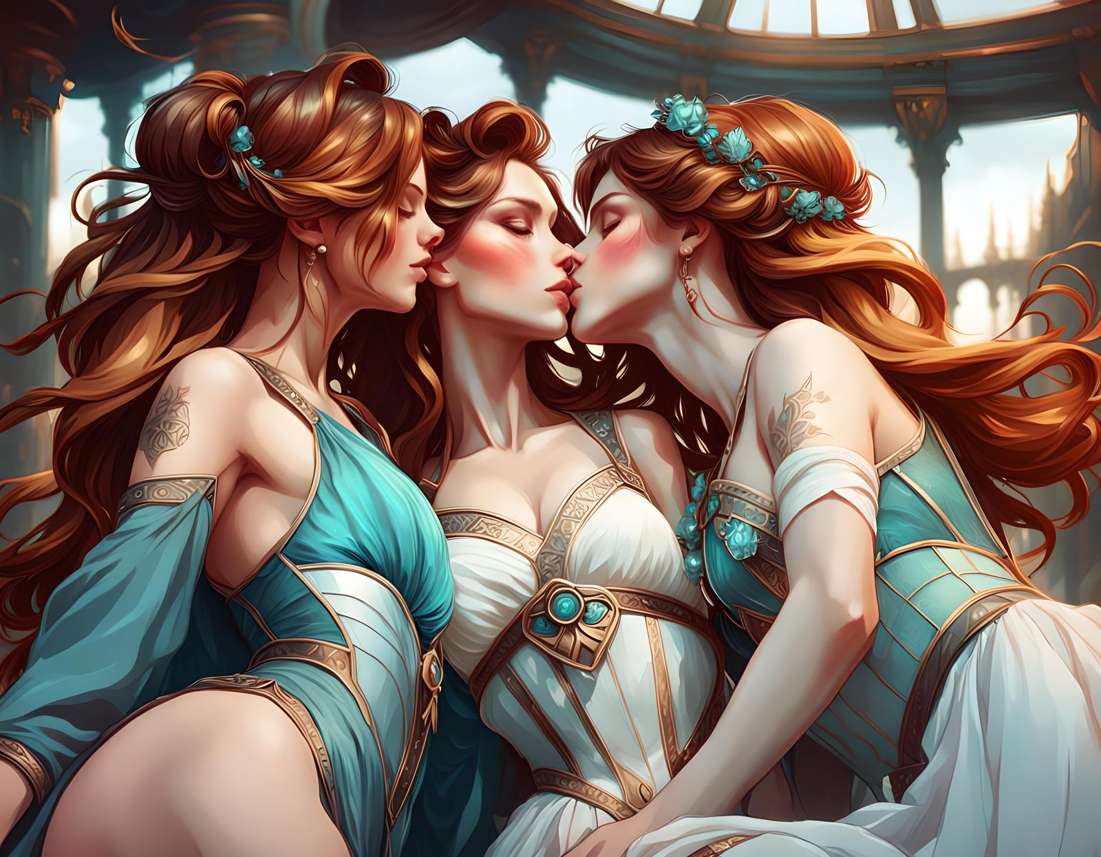 Young Girls Kissing: Hyperdetailed Concept Art Portrait