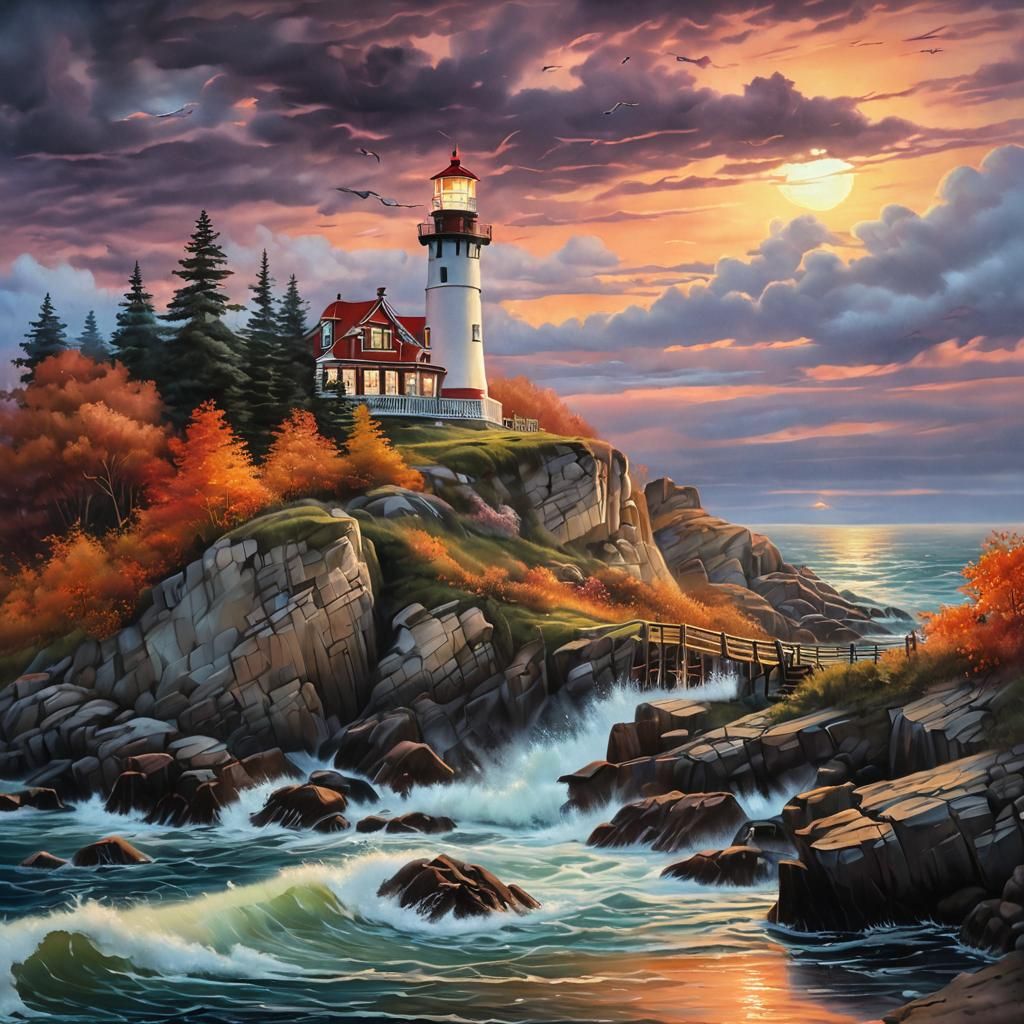 Burning Autumn Lighthouse at Dusk Oil Painting