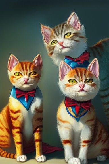 portrait of  3 cats with bow ties playing by Tyler Edlin, Darek Zabrocki, Gilles Beloeil, Cedric Peyravernay, Jordan Gri...