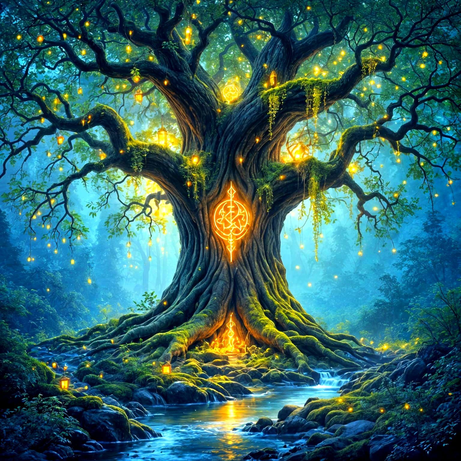 Ancient Tree with Glowing Runes in Hidden Glade