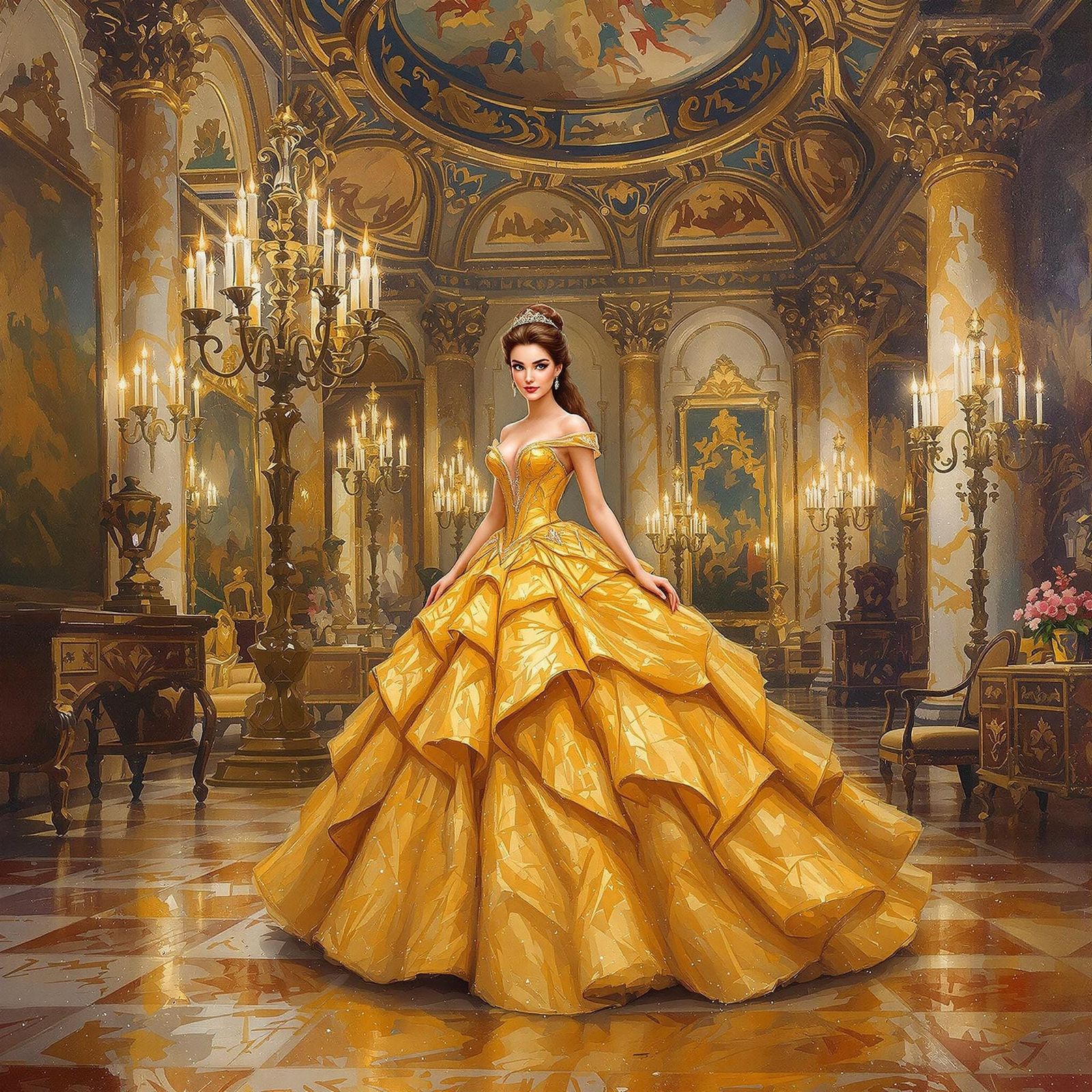 Golden Ballroom Enchantress in Impressionist Style